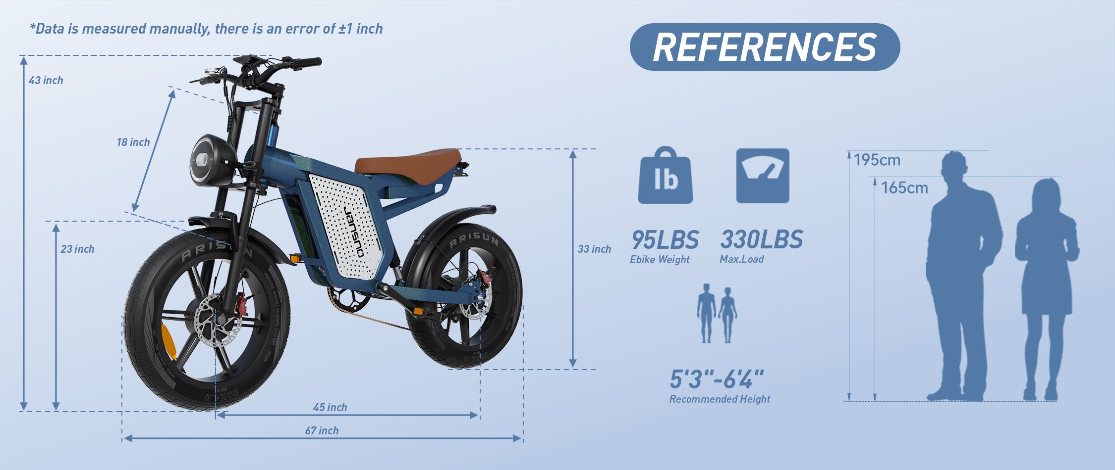 The Jansno X60 eBike is built to accommodate riders weighing up to 330 pounds and standing between 5'4" and 6'4".
